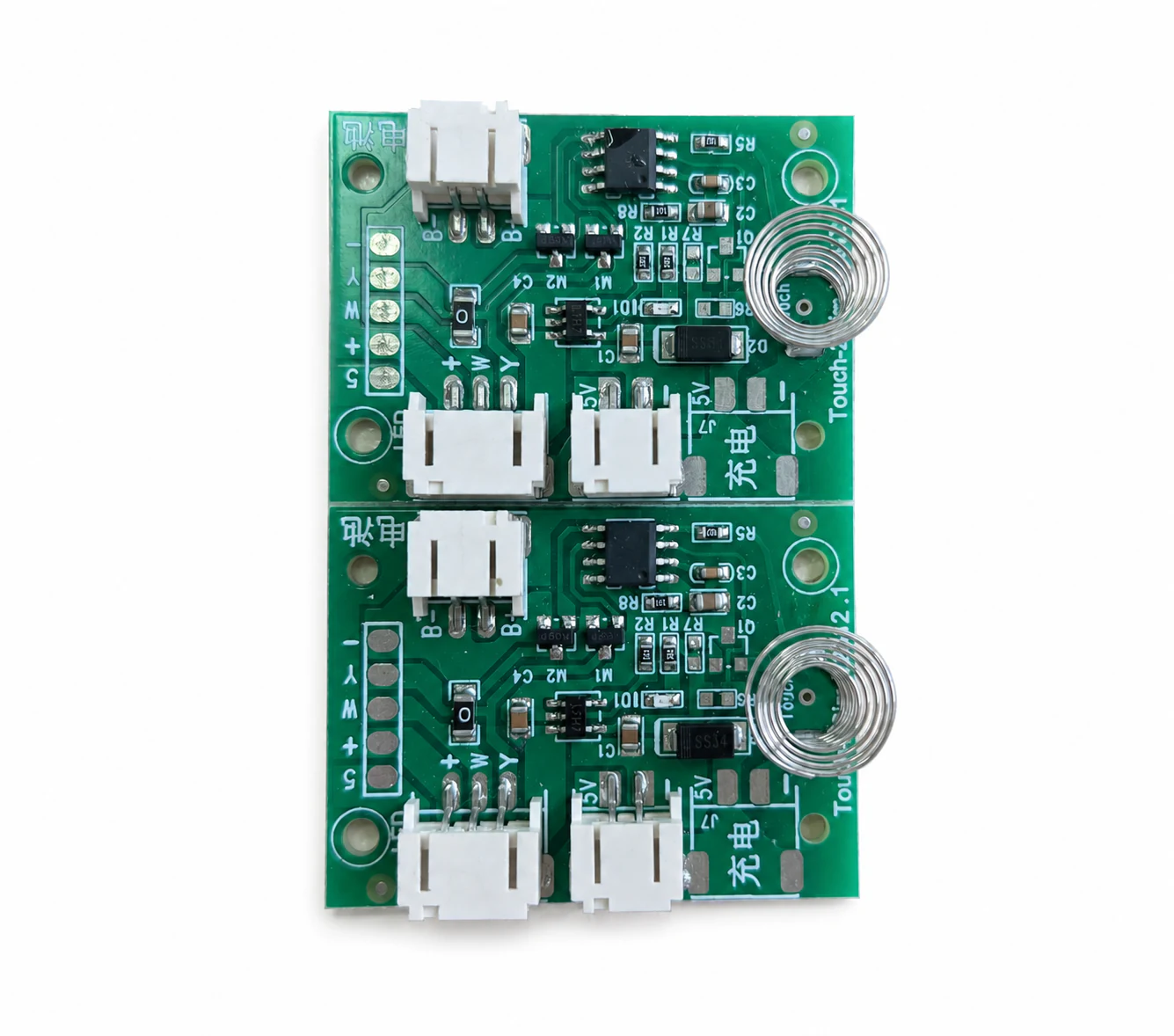 Two touch-control board prototypes with connectors and coil touch sensors on a white background