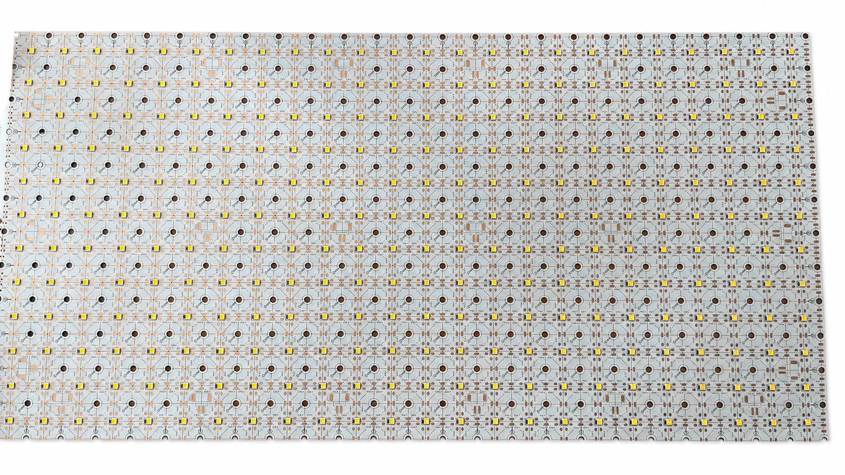 Large assembled array of custom LED PCB modules on a white background