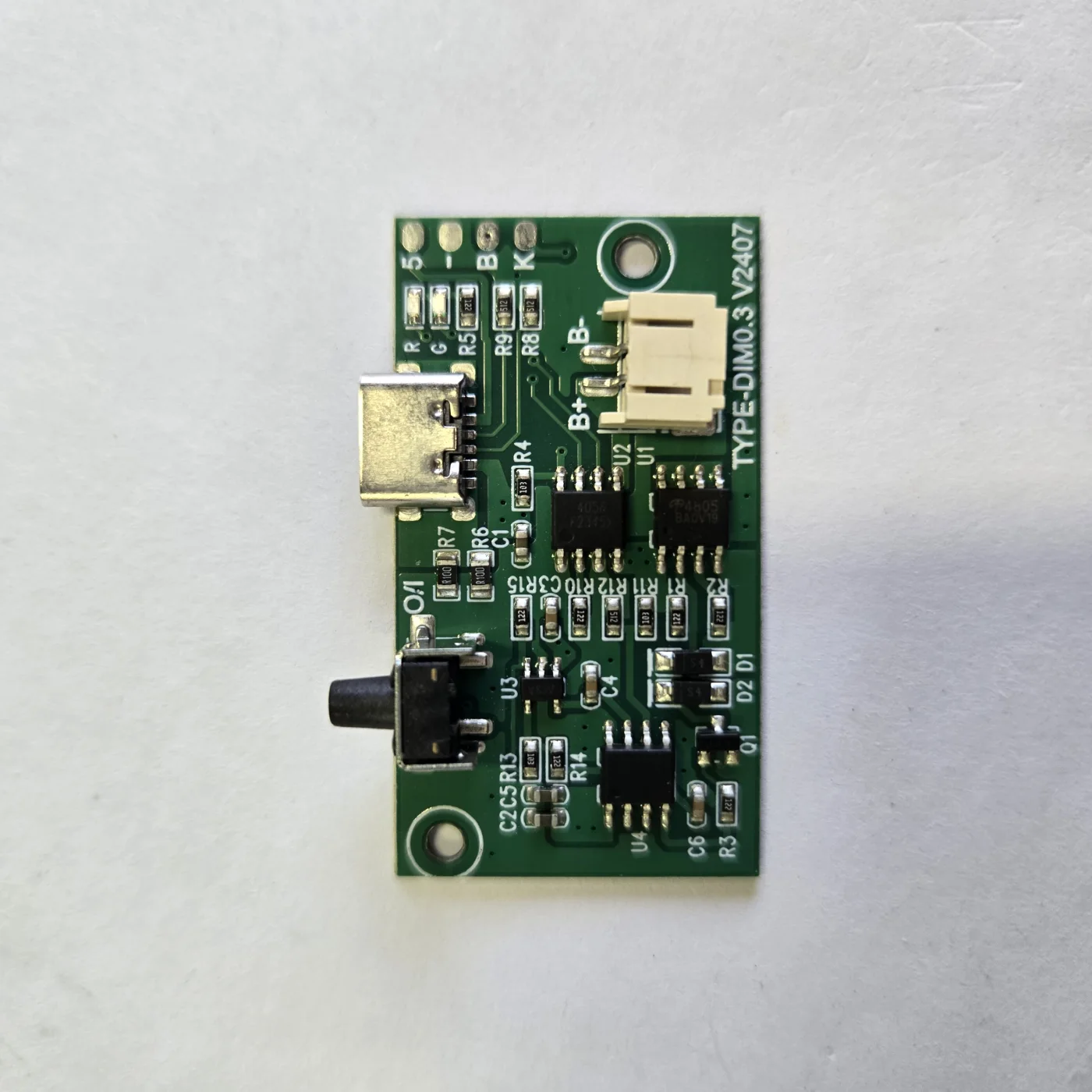 Compact control and dimming board prototype with USB-C, switch, and connector interfaces