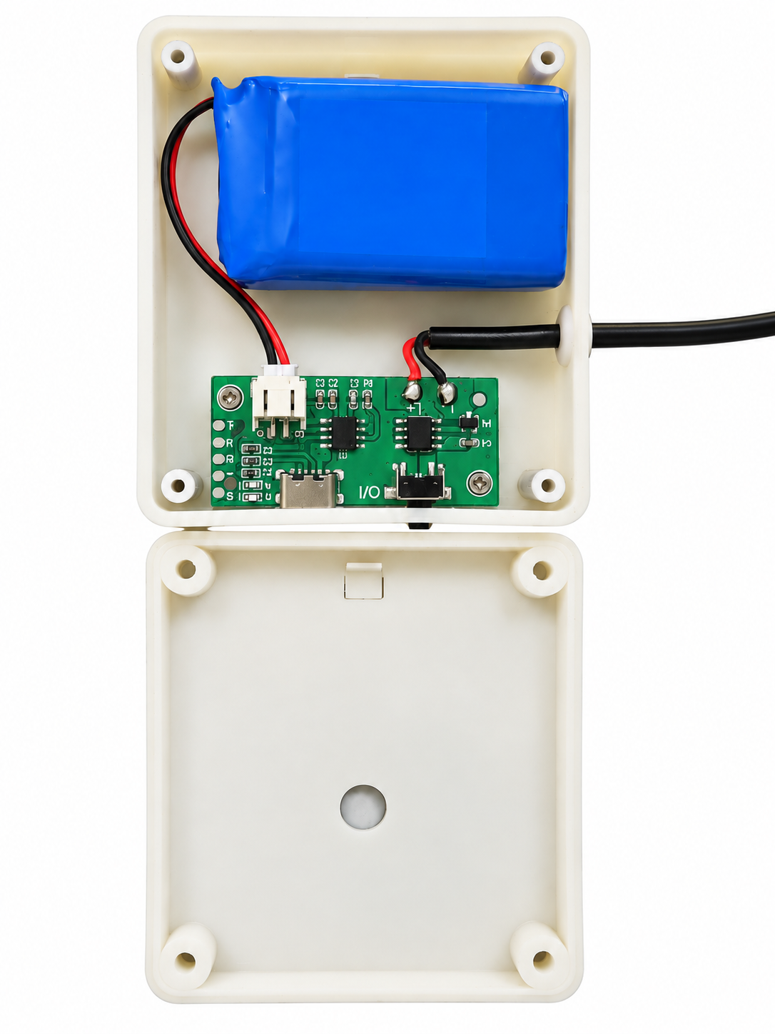 Centered open battery box with blue battery, charging control board, switch, Type-C port and wiring