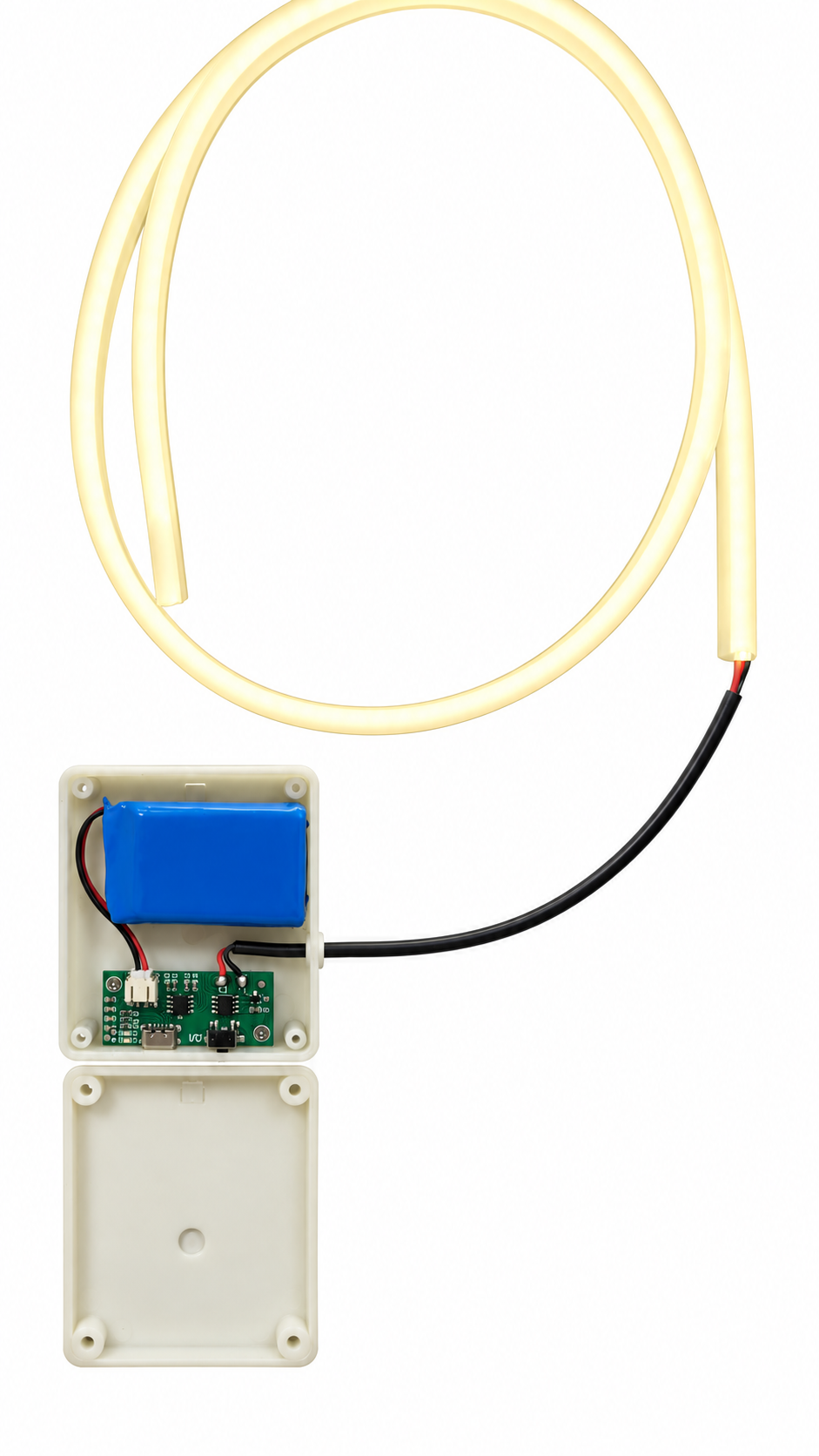 Battery box connected to an illuminated warm-white flexible light strip