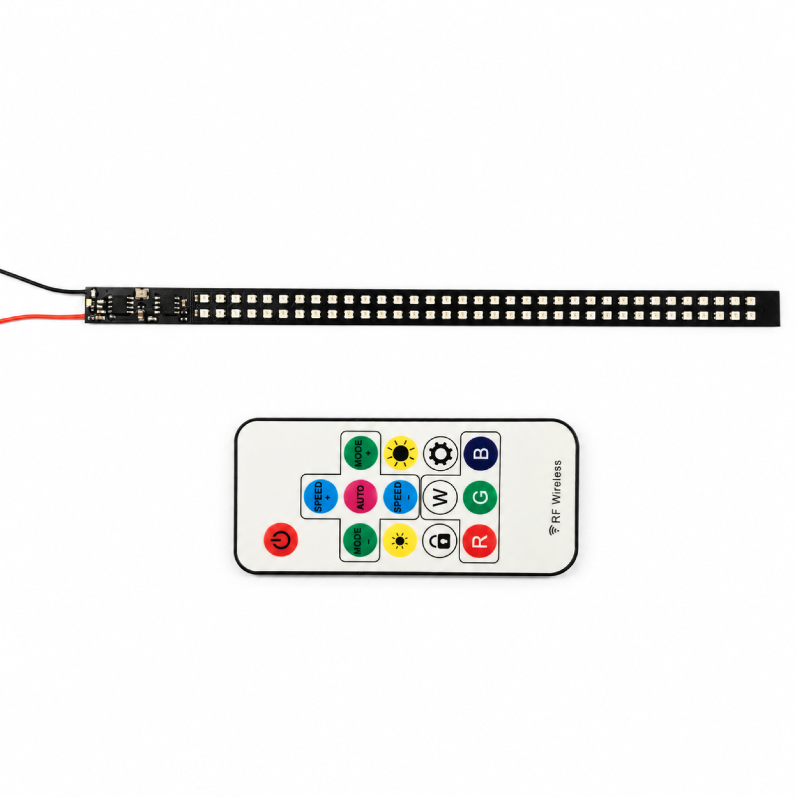The strip and demo remote on a cycling backpack LED strip