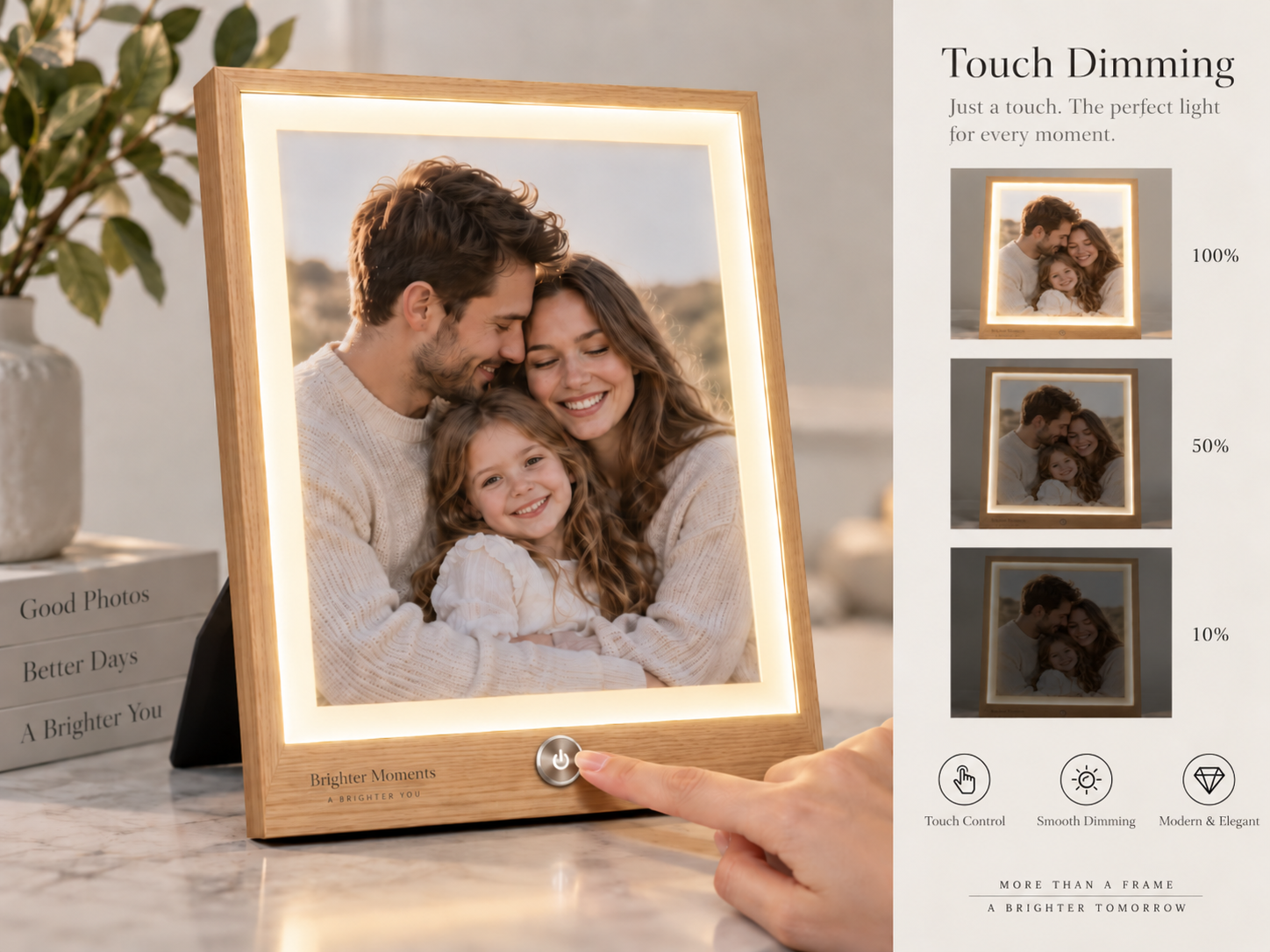 Supplied lighted photo-frame concept illustrating touch control and three example brightness levels