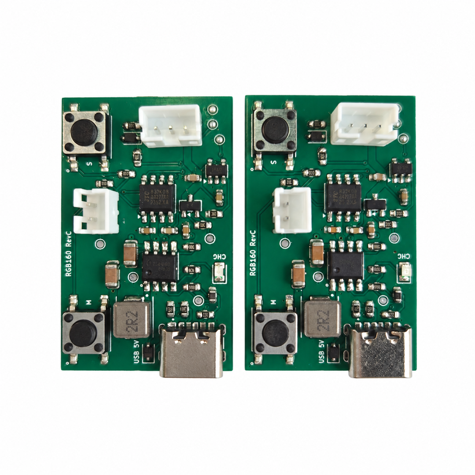 Alternate view of two Type-C RGB controllers showing white battery and LED connectors