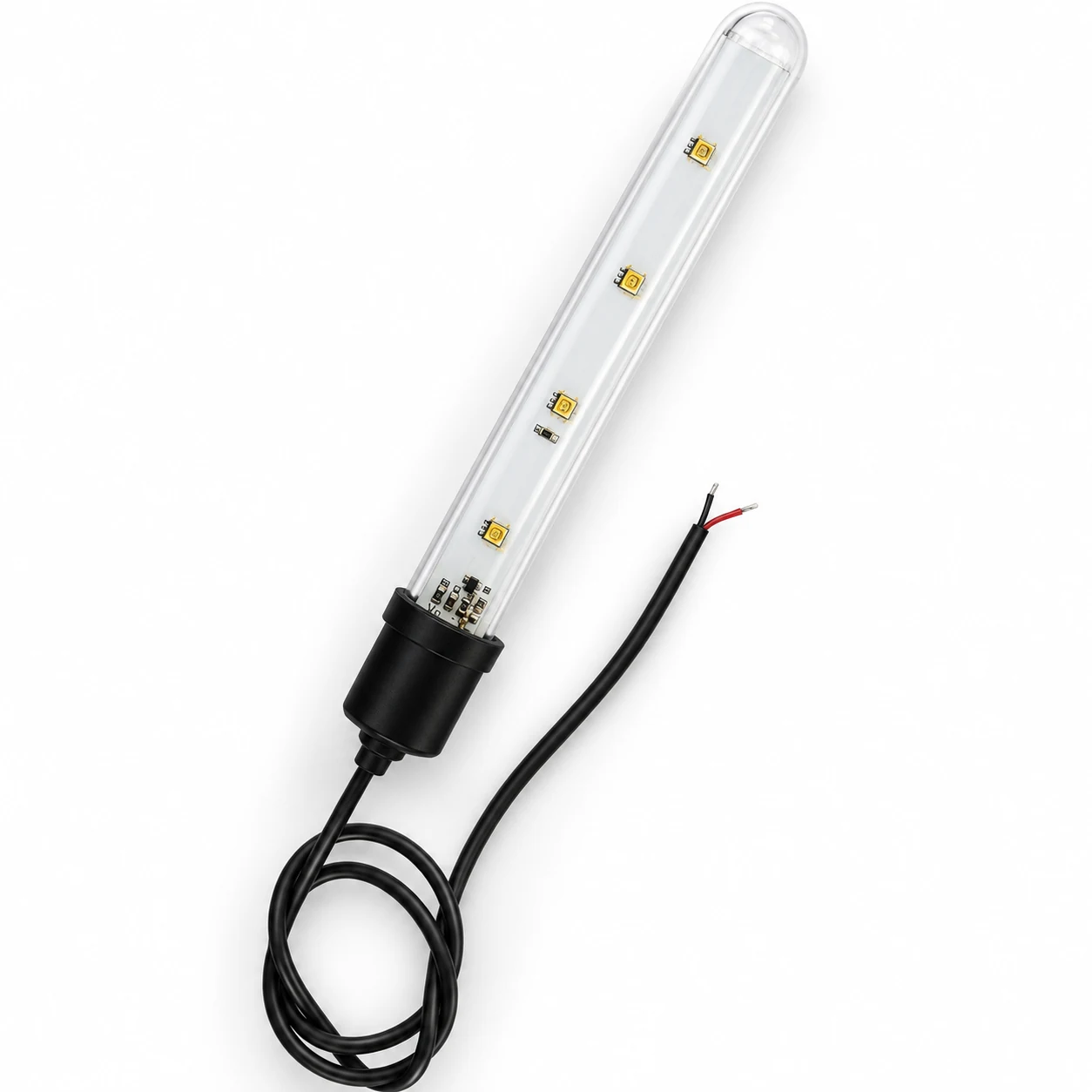 Waterproof 24V UVC LED lamp with quartz tube, cable, red and black leads, and dual-sided aluminum PCB